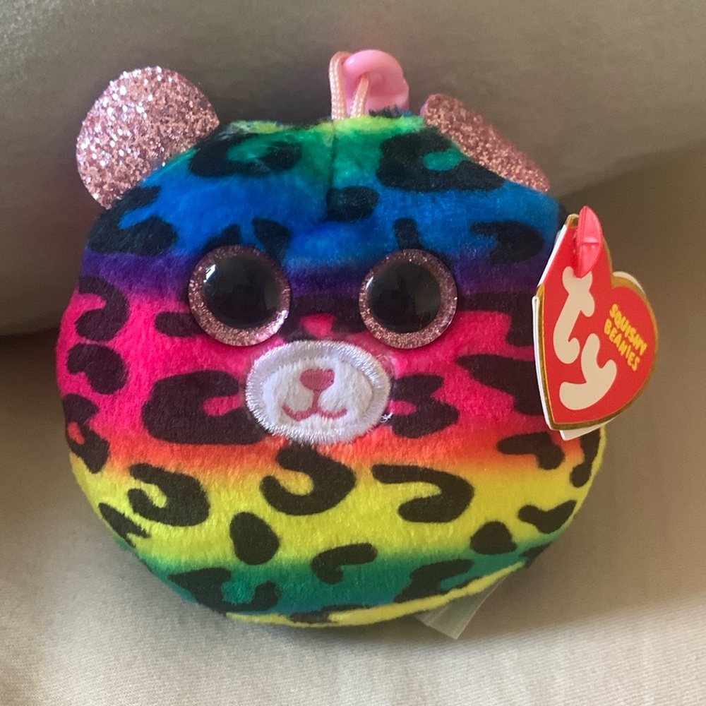 Ty Squishy Beanies, Dotty. Multicolor Plush Keychain clip.